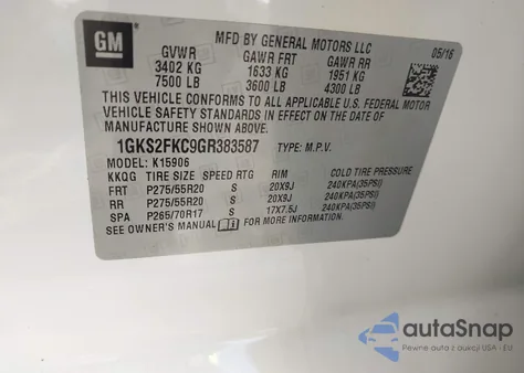 2016 GMC Yukon Xl Sle from USA, damaged, VIN 1GKS2FKC9GR383587